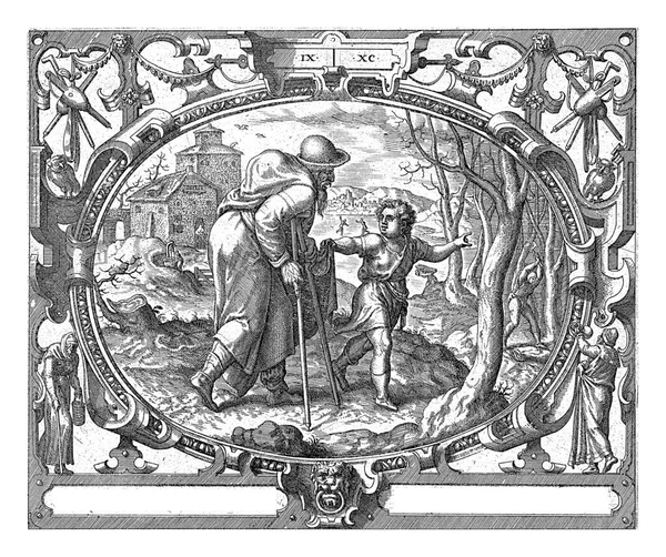 Овальной Рамке Украшенной Орнаментами Изображение Старого Горбуна Идущего Двух Костылях — стоковое фото