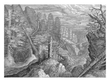 Elijah 'ın Kerit deresinin kenarında oturduğu orman manzarası. Bir kuzgun ona ekmek ve et getiriyor. Kenarında 1 Kraldan İncil 'den bir alıntı var. 17 Latince.