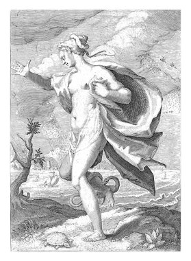 Duyguların kişileştirilmesi, sağ bacağında yılan olan çıplak bir kadın manzarada yürüyor..