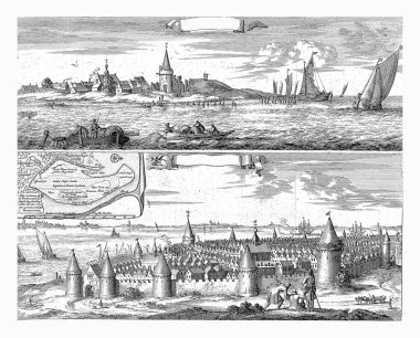 Reimerswaal in present and past times, 1634, Jan Luyken, 1696 Sheet with two representations of the Zeeland historical place Reimerswaal on Zuid-Beveland. clipart