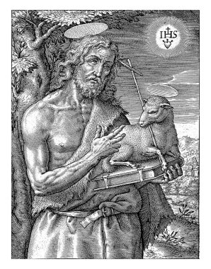 John the Baptist, Hieronymus Wierix, 1563 - before 1619 Landscape with John the Baptist, dressed in camel skin, in his hand he holds a Bible with the Lamb lying on it. clipart