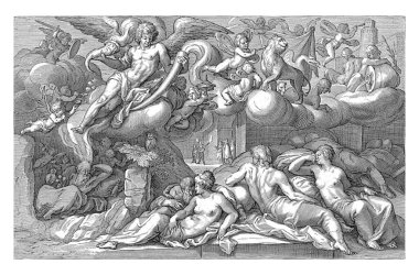 Nacht (Nox), Jacob Matham, Karel van Mander (I) 'den sonra, 1601 - 1605 Nacht. Gecenin alegorik temsili. Solda elinde gelincikler ve baykuşlu uyuyan bir adam var..