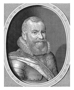 Oval bir odada Willem Lodewijk 'in portresi. Alt boşlukta Latince metnin üç satırı.