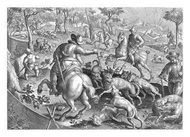 Bir kurt köpekler tarafından avlanır ve sonra mızrakla delinir. Baskının Latince bir başlığı var ve avcılıkla ilgili 43 bölümlük bir dizinin bir parçası..