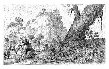 Üzerinde kayalar olan tepelik bir arazide, bazı yürüyüşçüler bir patikada yürür. Arka planda bir harabe var. Aşağıda: Genç bir çoban bir ağacın yanında flüt çalar. Önünde iki keçisi var..