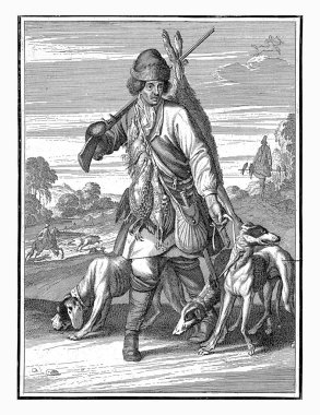 Kasım, Caspar Luyken, 1698 - 1702 Kasım ayı. Ön planda avdan dönen bir avcı. Üç köpek taşıyor ve ganimetini vücudunda taşıyor..