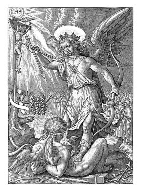 İlahi aşk, Hieronymus Wierix, 1563 - 1581 'den önce taç giymiş bir melek, ilahi aşkın kişileştirilmesi, gözleri bağlı ve bağlanmış Amor' u ezer geçer..