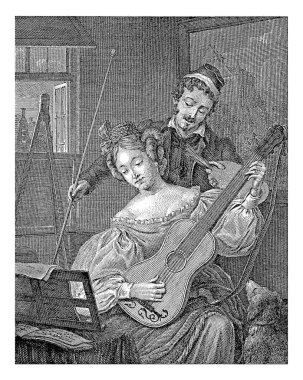 Kadın gitar çalıyor ve sanatçı Johannes Christiaan Bendorp için modellik yapıyor, Reinier Craeyvanger 'dan esinlenerek, 1776 - 1847, vintage gravür.