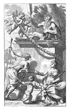 Bir çobanla bir çoban ve bir çoban Arkadya topraklarında bir nehir tanrısı ile taş bir anıtın önünde el ele tutuşur..