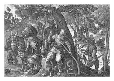 Ön planda bir ağacın altında tüfeğini dolduran bir avcı var. Arkasında mızraklı bir avcı ve iki av köpeği var. Solda iki ölü domuzla dolu bir eşek var..