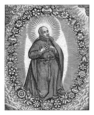 H. Ignatius of Loyola in a Flower Garland, Joannes Galle, c. 1626 - c. 1676, vintage oymalı.