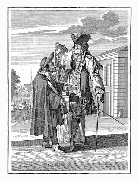 卡斯帕 1698 1702年一对高贵的夫妇在街上散步 一个街头小贩与他们搭讪 贵族把手放在鼻子上 嗅着小贩提供的鼻烟 — 图库照片