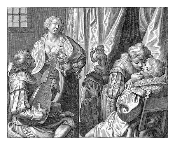 五つの感覚 コルネリス Ii代目 ヨハン John Liss 1610 1678 による五つの感覚の伝統的表現の後にある 男は笛を吹いて女は聞く — ストック写真