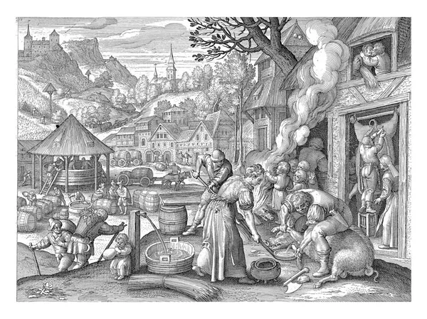 포도를 수확하여 포도에서 돼지를 포도주를 생산하는 1581 1656 가을의마 에르텐 — 스톡 사진