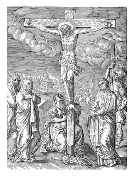 ヨハネ マグダラのマリヤ マリヤと十字架上のキリスト ヨハネの後ろには 彼が死んだかどうかを確認するためにキリストに彼の槍を突いた兵士Longinus立っている — ストック写真