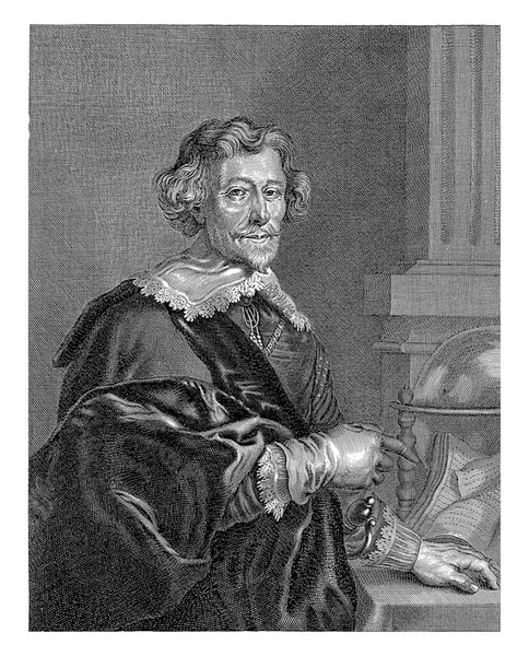 Poeta Pieter Corneliszoon Hooft Wskazuje Otwartą Książkę Która Leży Stole — Zdjęcie stockowe