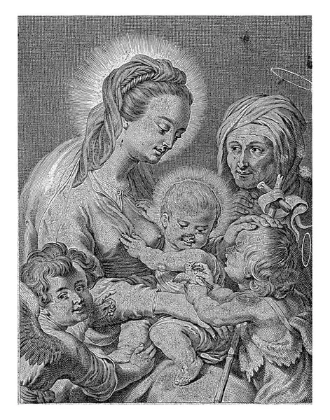 Seděla Marie Kristovým Dítětem Klíně Holou Hrudí Dítě Jan Křtitel — Stock fotografie