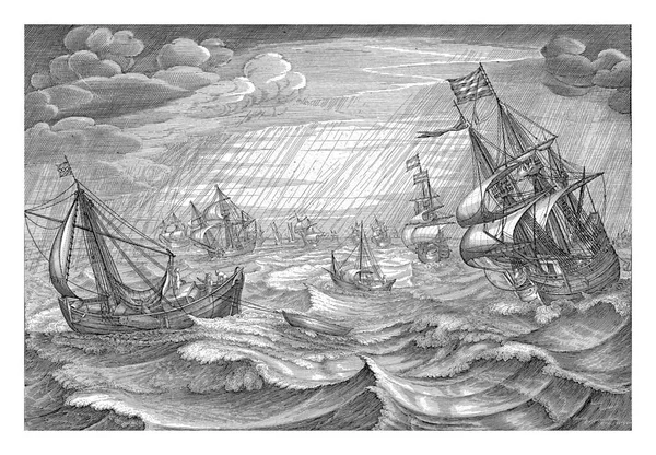 风雨交加的海景用拉丁文写了个标题以海景为代表的四季系列的印刷品 — 图库照片
