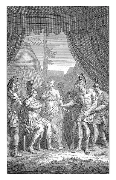亚历山大大帝坐在一把椅子上 旁边坐着克莱弗公爵小姐 一个人被一个士兵带去见亚历山大 Jean Baptiste Racine所著的悲剧 Alexandre Grand 一书中的插图 — 图库照片