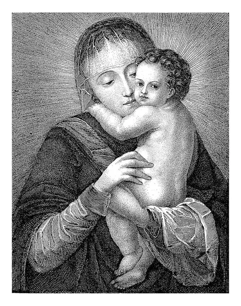 玛丽与基督的孩子在她的怀里 伊丽莎白芭芭拉Schmetterling 1820年 老式雕刻 — 图库照片