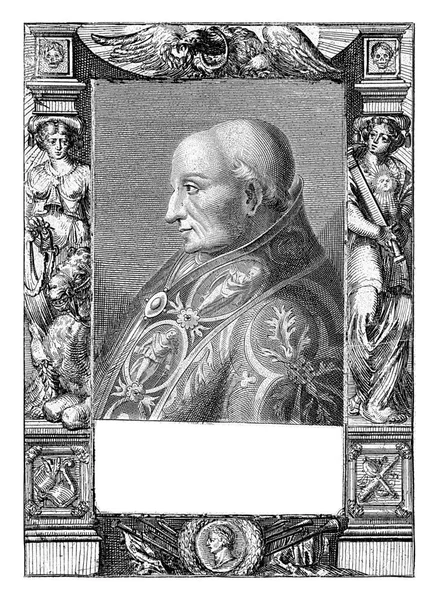 2枚の版から印刷する 豊かな装飾されたマントを身に着けている教皇エイドリアン6世の肖像胸像 公演の下でオランダ語で8行の詩 寓話的な人物や記号を持つフレーム — ストック写真