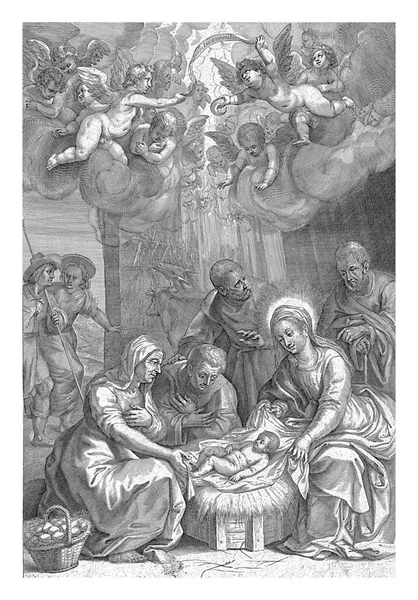 마리아 그리고 목자들은 안정된 곳에서 예수의 아이를 뒤에는 당나귀가 위에는 — 스톡 사진