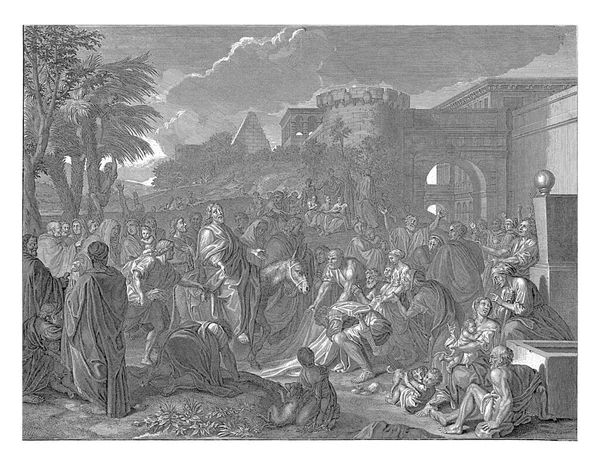 在勒布朗之后 在伯纳德 皮卡尔之后 在耶路撒冷的城门外 有一群人欢迎基督进入耶路撒冷 他们都向他致敬 — 图库照片
