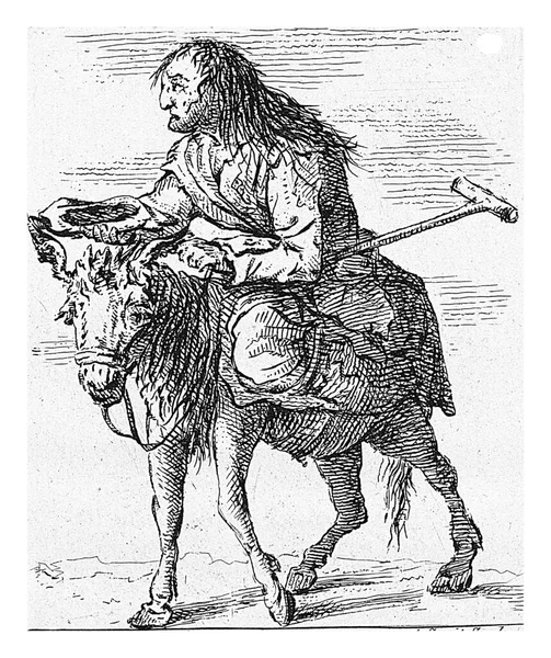 Ein Alter Mann Mit Krücke Sitzt Auf Einem Esel Und — Stockfoto