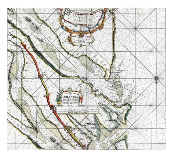 ガロンヌ川の地図 ルイケン 英語版 英語版 1682年 1734年 ガロンヌ川の地図は コンパスが上昇し 北は下にある ボルドーの川岸の詳細情報を入力します — ストック写真