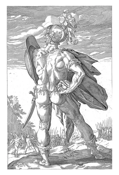英雄Marcus Valerius Corvus从后面看去 他的盾牌在他的左肩上升起 在背景中 你可以看到他是如何在乌鸦的帮助下打败高卢的 — 图库照片