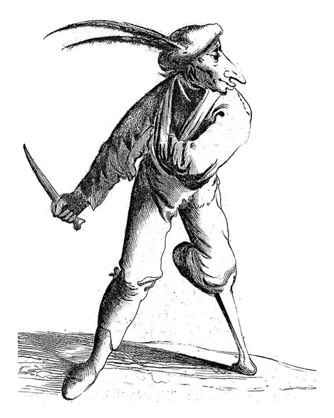 スリングに木製の脚と腕を持つ愚か者は 彼の手にナイフを持っています 羽の長いベレー帽をかぶって — ストック写真