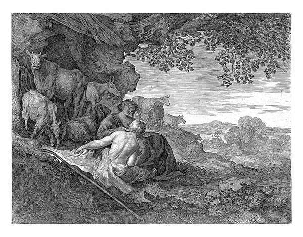 一个牧羊人从后面看去 和一位牧羊人坐在一起 牧羊人看着她腿上的一张纸 — 图库照片