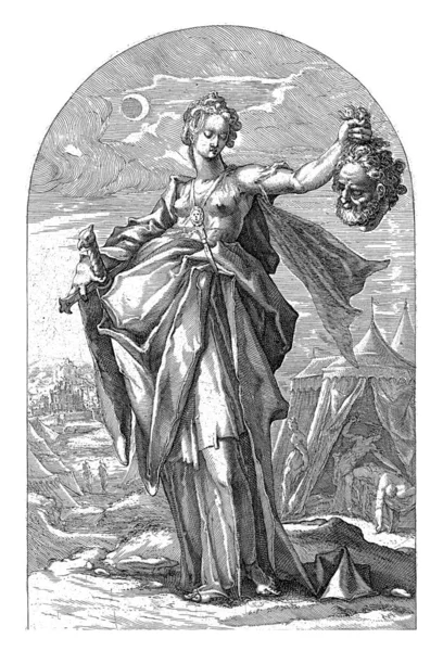 Judith Bir Elinde Holofernes Kafası Diğer Elinde Kılıç Vardı Arka — Stok fotoğraf