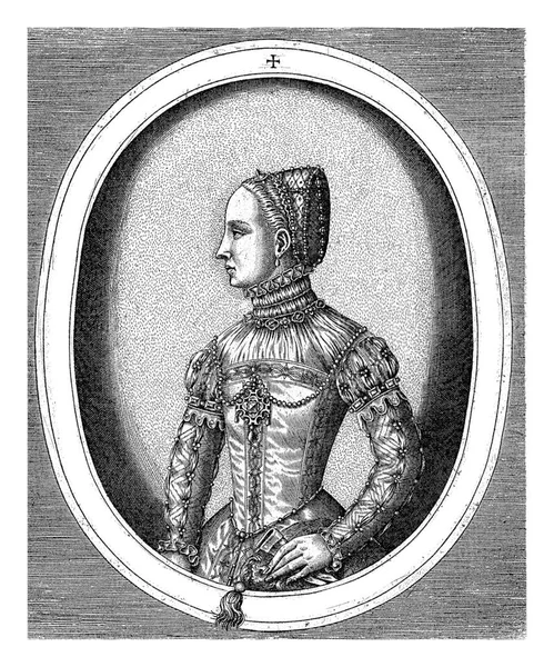 苏格兰女王玛丽一世史都华的画像 左方半长 呈椭圆形 边缘用拉丁文刻有字母 — 图库照片