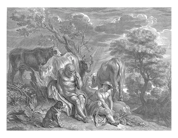 阿格斯睡着了 墨丘利拿起他的剑杀死了那个披着羊皮的人 后面是奶牛 包括白牛木卫一 — 图库照片