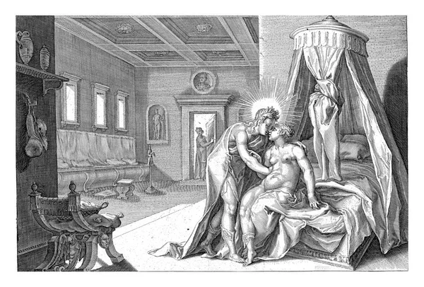 stock image Apollo embraces Leucothea, who is sitting on her bed. Below the performance two lines of Latin text.