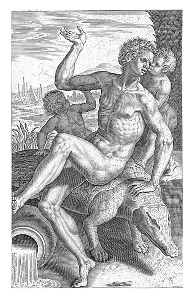 ニルス川神フィリップス ガレ1586年 ニルス川の神クロコダイルの上に座っていた 版本は川と海の神に関する17部作の一部である — ストック写真