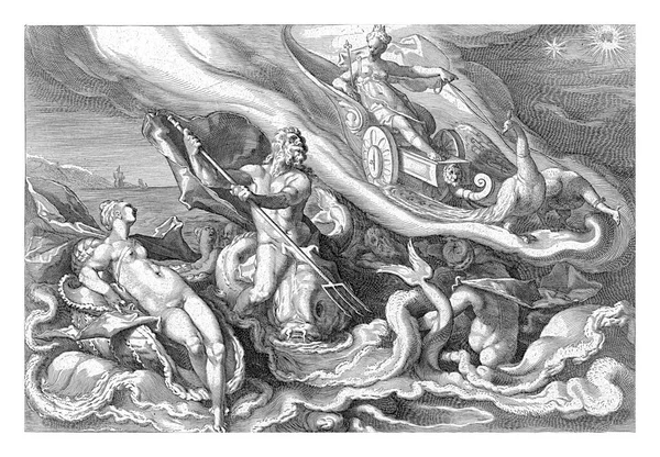Juno Přijíždí Svém Voze Taženém Dvěma Pávy Mořským Bohům Thetis — Stock fotografie