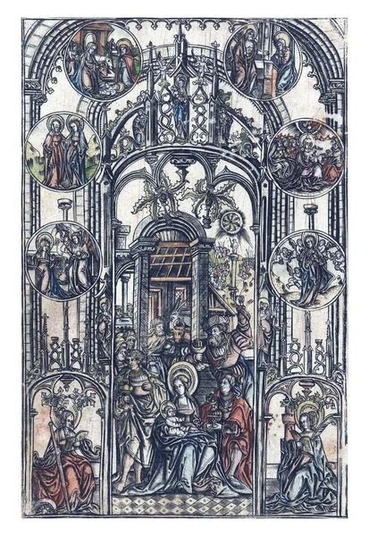 3人の賢者の崇拝を描いたゴシック様式の窓 メアリーの人生のシーンを描いた8頭のメダリオン ホイールと剣と聖カタリナ塔と聖バーバラ — ストック写真