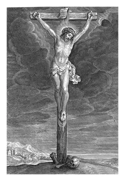 Christus Kreuz Fuß Davon Ein Schädel Und Knochen Links Der — Stockfoto