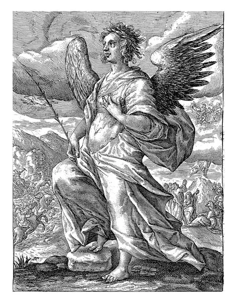 Αρχάγγελος Ζαφκιήλ Στέκεται Δεξί Του Πόδι Πάνω Μια Πέτρα Και — Φωτογραφία Αρχείου