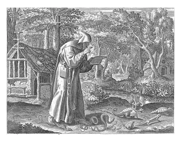 ニトリアの聖ディディディムスは隠者として 彼は歩いて聖書を読みます 地面に彼の周りにヘビや他の邪悪な動物 つま先 サソリや爬虫類 をクロール — ストック写真