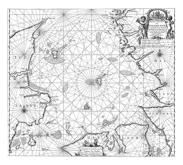 Mapa Dánska Skagerrakem Kattegatem Kompasovou Růžicí Sever Vrcholu Vpravo Nahoře — Stock fotografie