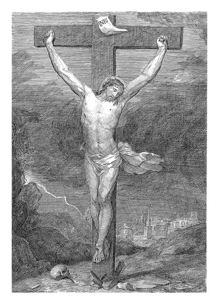 Cristo Colgando Cruz Distancia Derecha Está Ciudad Jerusalén — Foto de Stock