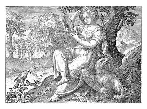 理智的脸 尼科拉 布鲁恩 1581 1656年梅尔腾 沃斯之后的女人 作为理智的化身坐在风景中 看着镜子里的一只猛禽 — 图库照片