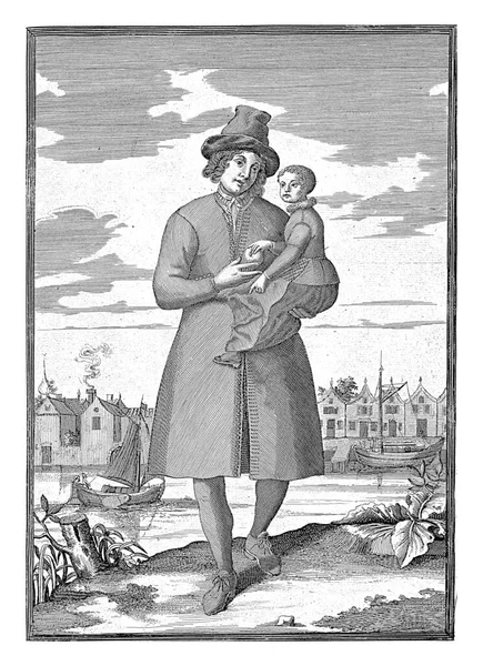 ザーンダム出身の農民ピーター ファン ベルジュ1669年 1689年以前ザーンダムの伝統衣装を着た男が子供を腕に抱えている — ストック写真