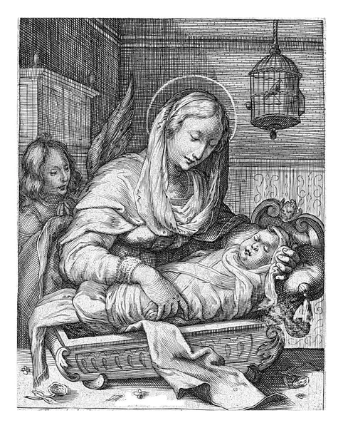 圣母玛利亚把孩子放在摇篮里 马瑟姆的车间 马瑟姆之后 马瑟姆 1610年至1614年玛丽把这个衣衫褴褛的基督孩子放在摇篮里 放在室内 — 图库照片