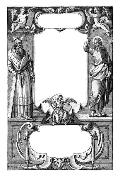 Moses Und Christus Flankieren Das Pergament Auf Dem Der Titel — Stockfoto