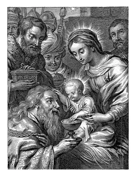 メアリーは膝の上で子供と座っている 彼らの前に三人の王への贈り物 ベツレヘムの星は窓から見ることができます — ストック写真