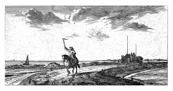 Postman Rides His Horse Beach Signals Passing Ship — Stock Photo, Image